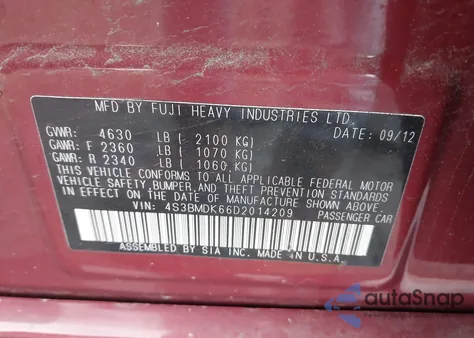 2013 Subaru Legacy 3.6R Limited z USA, uszkodzony, nr VIN 4S3BMDK66D2014209